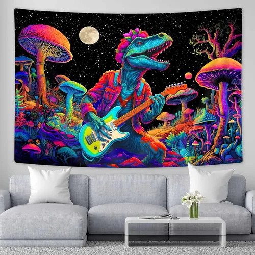 Vista 6 de SAOLUIS Tapiz de luz negra de dinosaurio, divertidos tapices de hongos de dinosaurio de neón reactivo a los rayos UV para colgar en la pared, tapiz