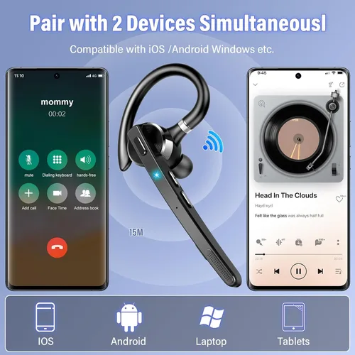 Vista 5 de Auriculares Bluetooth 2026, auriculares inalámbricos Bluetooth 5.3, auriculares de una sola oreja de 90 horas con audio APTX HD y botón de silencio
