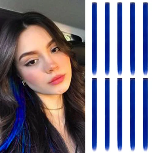 Vista 17 de 20 extensiones de cabello con clip de colores para niñas, extensiones de cabello arcoíris multicolor de 20 pulgadas, reflejos instantáneos, piezas