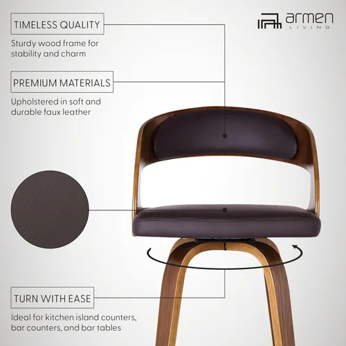 Vista 3 de Armen Living Shelly 26" Altura del Asiento Taburete Giratorio de Bar de Estilo Moderno de Mediados del Siglo para Isla de Cocina y Encimera en Cuero