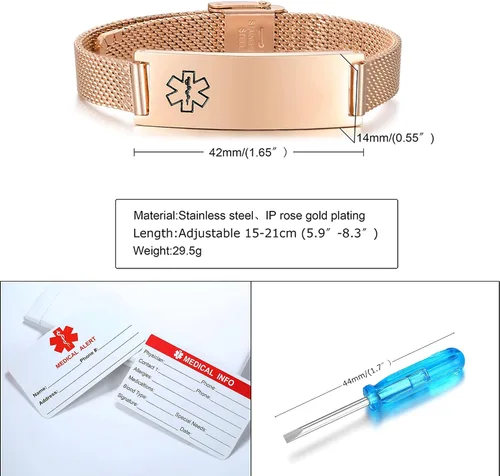 Vista 6 de VNOX Medical Alert Bracelets for Men & Women Kids with Free Engraving Adjustable Stainless Steel Mesh Emergency Medical ID Bracelets Wristband