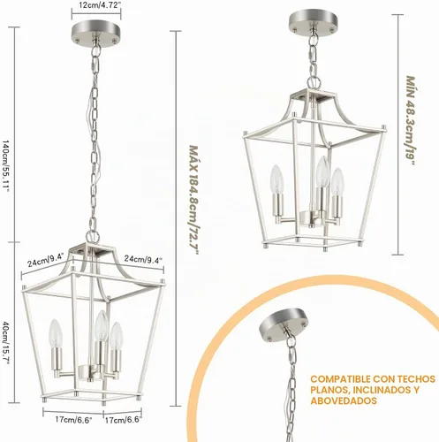 Vista 2 de foucasal Lámpara Colgante de Linterna Níquel Cepillado Accesorios de Lámpara Colgante de 3 Luces Accesorio de Luz de Linterna, 9.4" Iluminación