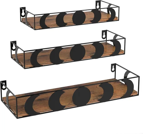 Vista 9 de PHAREGE Estantes Flotantes de Fases Lunares Negros, Juego de 3 Pequeños Estantes Decorativos de Pared para Almacenamiento de Libros y Plantas