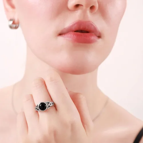 Vista 2 de Silvershake 8mm Natural Round Shape Moonstone 925 Sterling Silver Triquetra Celtic Knot Solitaire Ring