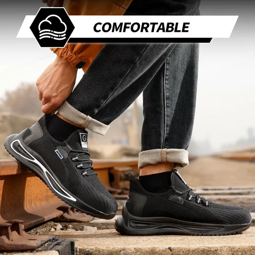 Vista 5 de GLANOUDUN Zapatos de punta de acero para hombre, zapatos de trabajo ligeros para hombres, zapatos de trabajo negros con punta de acero, zapatos