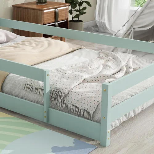 Vista 5 de Harper & Bright Designs Cama de suelo individual para niños con cabecera en forma de casa, cama de plataforma de madera tamaño individual