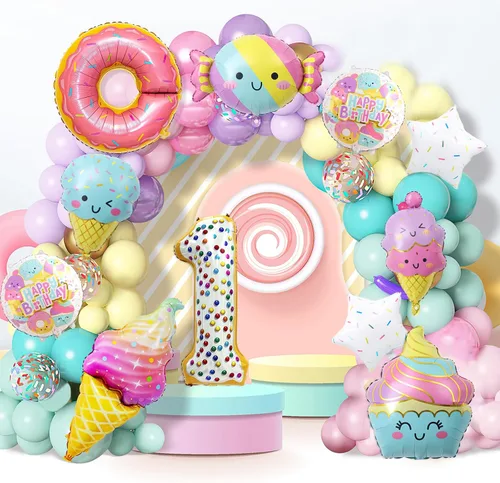 Vista 6 de 10 globos de helado, globos de papel de aluminio Mylar con número de dona de caramelo, temática de helado, suministros de fiesta de primer cumpleaños