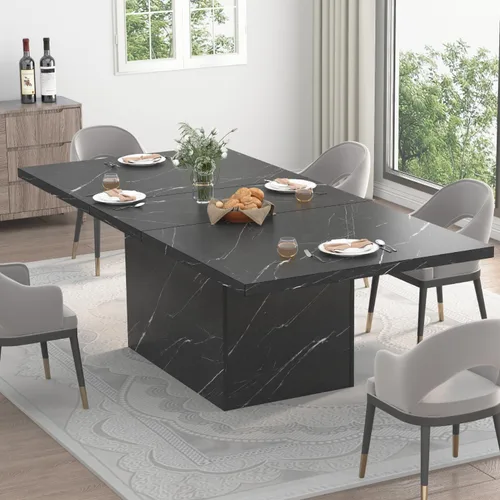 Vista 7 de HSH Mesa de comedor de mármol sintético negro, mesa de comedor moderna de 63 pulgadas para 6 personas, mesa de cocina rectangular de granja