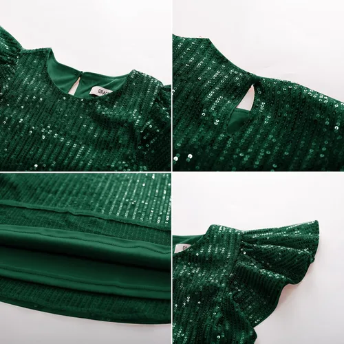 Vista 7 de GRACE KARIN Vestido de lentejuelas para niñas, manga corta, con vuelo, silueta acampanada, vestido midi con lazo para el pelo, 5-12 años