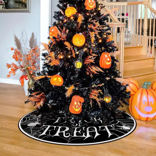 Vista 5 de Falda de árbol de Navidad de telaraña de Halloween, 36 pulgadas, con cordones, para truco o trato, falda de árbol negro, divertida fiesta
