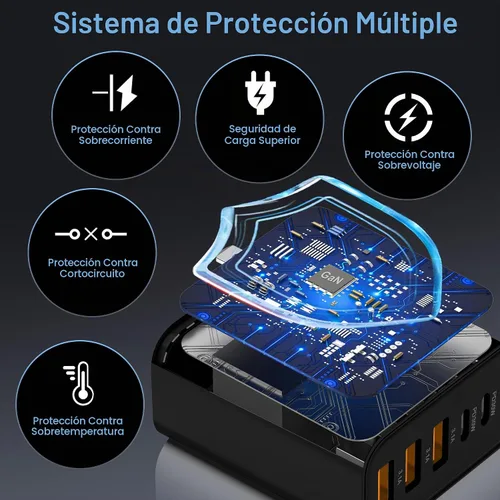 Vista 4 de Bloque de carga USB C, 65 W, 6 puertos, bloque de carga USBC, cargador de pared, cargador de iPhone, carga rápida, multipuerto tipo C, PD+QC Negro