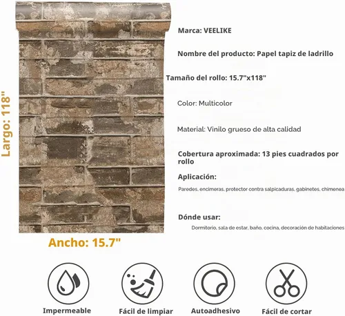 Vista 2 de VEELIKE Papel tapiz de ladrillo sintético marrón de 15.7 x 118 pulgadas, con textura 3D, autoadhesivo, impermeable, para pared, cocina, salpicadero