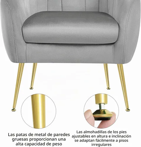 Vista 6 de Yaheetech Silla de Tocador Moderna, Silla de Acento de Terciopelo Suave con Patas de Metal Dorado, Sillón Acolchado Chaise Longue para Sala de Gris