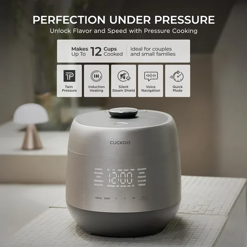Vista 3 de CUCKOO Olla arrocera de doble presión de 6 tazas sin cocer / 12 tazas cocidas con tecnología de calentamiento por inducción, sistema de presión