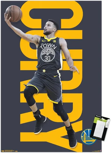 Vista 8 de Trends International NBA Golden State Warriors - Póster de pared de Stephen Curry 18, 14.725 x 22.375 pulgadas, versión enmarcada de madera