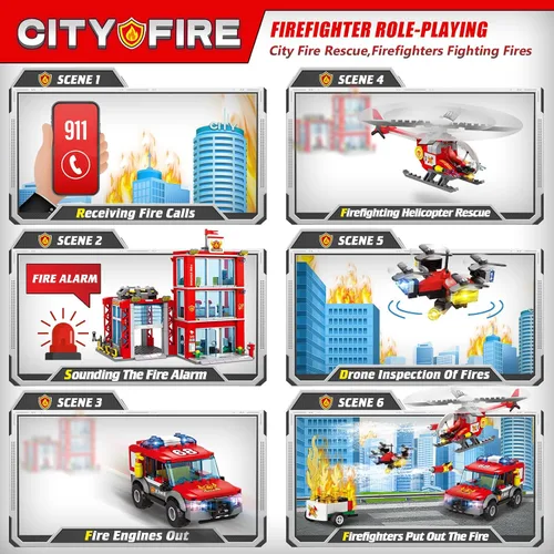 Vista 5 de Juego de bloques de construcción de estación de bomberos de la ciudad con camión de bomberos, helicóptero de rescate de incendios, dron y juguetes
