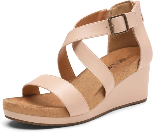 Vista 9 de Dream Pairs - Sandalias con plataforma de cuña para mujer, con punta abierta y correa para el tobillo con hebilla, para el verano Beige
