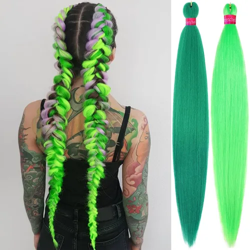 Vista 19 de Cabello trenzado verde con lentejuelas de 26 pulgadas, preestirado, trenzas de textura Yaki, extensiones de cabello pre plumadas, 3 paquetes, fácil