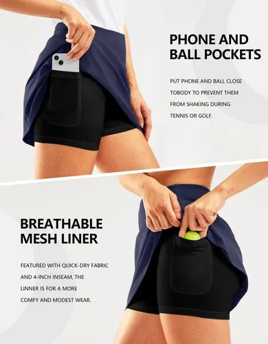 Vista 4 de SANTINY Falda pantalón de golf de 16 pulgadas para mujer, bolsillos con cremallera, falda de tenis de cintura alta para mujer, falda deportiva