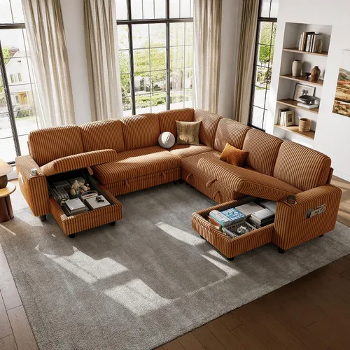 Vista 29 de LINSY HOME Sofá cama modular extraíble para sala de estar (beige, sofá cama 1) Sofá cama extraíble, almacenamiento, carga USB, portavasos, pana