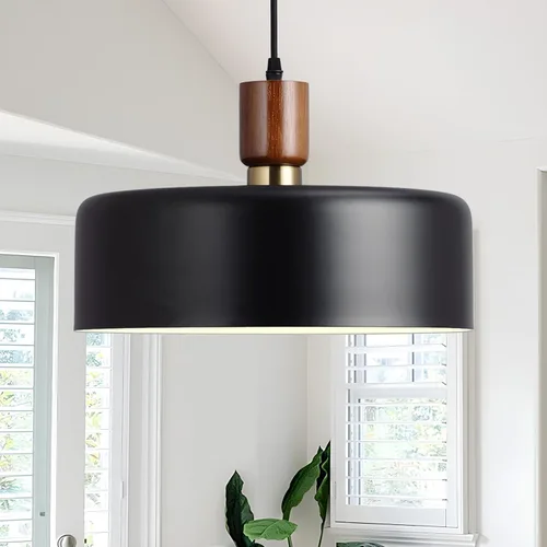 Vista 2 de Lámparas colgantes modernas de madera maciza, candelabros vintage martillados grandes de 13.8 pulgadas, lámpara colgante con acabado negro, lámparas