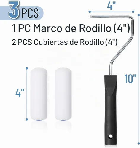 Vista 2 de Bates- Kit de rodillos de pintura de espuma, 4 pulgadas, paquete de 3 cubiertas de espuma de alta densidad para un acabado liso, ideal