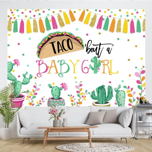 Vista 5 de Lofaris Taco Bout a Baby Girl - Telón de fondo para fiesta mexicana, decoración de baby shower, cactus neutro, sombrero de vaquero, banderas