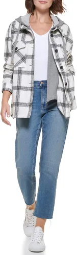 Vista 2 de Calvin Klein Chaqueta tipo camisa a cuadros para mujer con babero de forro polar desmontable, MascarponeNegro Combo