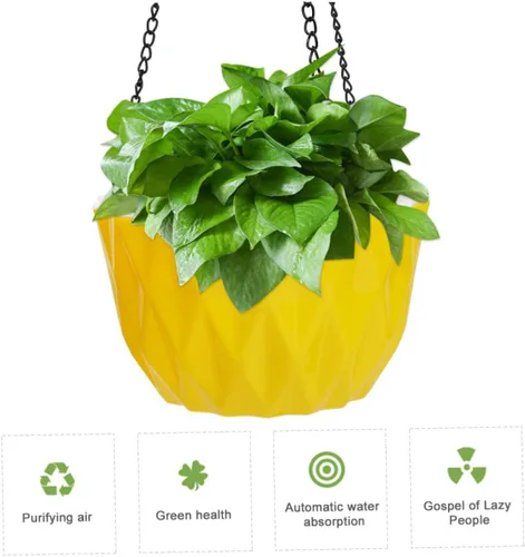 Vista 5 de Yardwe Maceta colgante para exteriores, maceta de riego automático amarilla, cuenco de plástico a prueba de óxido, cadena triangular estable