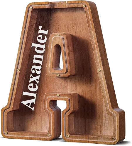 Vista 13 de SummiDate Alcancía de madera de letra para niños y niñas, Alfabeto, personalizada, regalo de cumpleaños y pascua para niños (A)