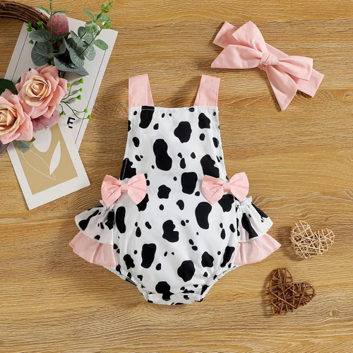 Vista 3 de ODASDO Conjunto de 2 piezas para bebé recién nacida, con estampado de vaca, ciervo y vaca, sin mangas, con volantes y diadema con lazo, conjunto