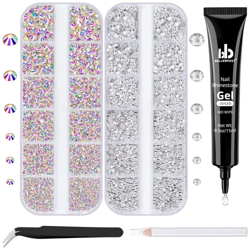 Vista 16 de Kit de pedrería para uñas BELLEBOOST, 15ml de pegamento de gel con strass + gemas coloridas + cristales de vidrio flatback AB y gemas transparentes