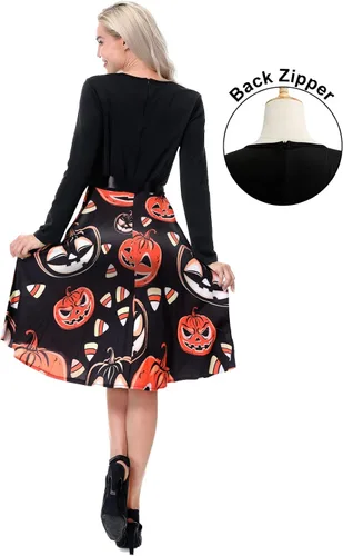 Vista 4 de Vestidos de Halloween para mujer de manga larga vestido de cóctel swing esqueleto calabaza impreso fiesta de disfraces disfraz para fiesta