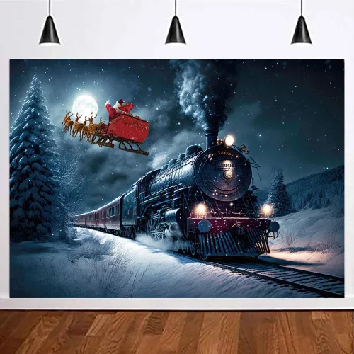 Vista 3 de Fondo de fotografía de tren de Navidad, tren nocturno de invierno, Papá Noel, fondo fotográfico para Navidad, Año Nuevo, fiesta infantil