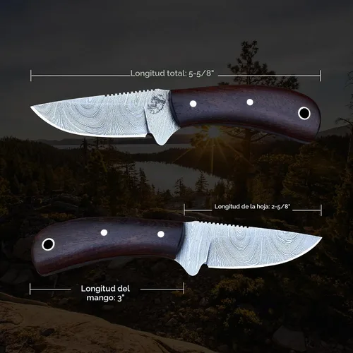 Vista 2 de Knives Ranch Cuchillo EDC hecho a mano de acero de Damasco de 5.5 pulgadas, hoja fija de espiga completa, mango de palisandro, funda de cuero