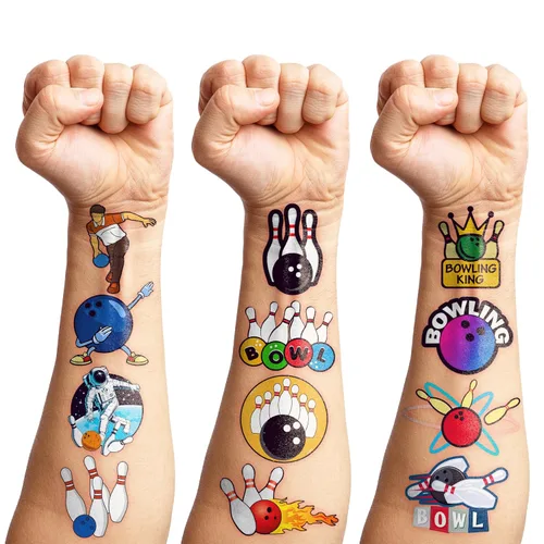Vista 7 de 88 tatuajes temporales de boliche para niños, divertidas calcomanías de bola de boliche, recuerdos de fiesta de cumpleaños temática deportiva