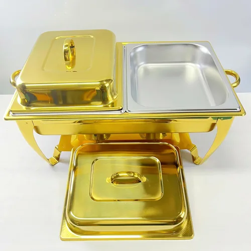 Vista 3 de Golden Chafing - Juego de bufé de platos de acero inoxidable de 9 cuartos de galón, servidores de buffet de 9 litros con soporte para combustible