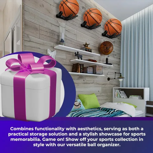Vista 6 de Soporte de pelota montado en pared – Resina premium – Exhibición de baloncesto, fútbol, fútbol americano – Cuelga pelotas de forma segura