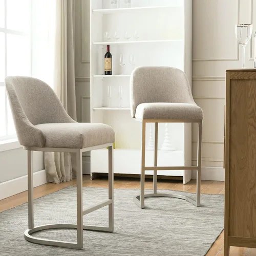 Vista 2 de Leick Home 10133PW/OL Taburete de bar con base de metal, juego de 2, para encimeras de cocina elevadas, mesas altas y bares, asiento moderno de lino