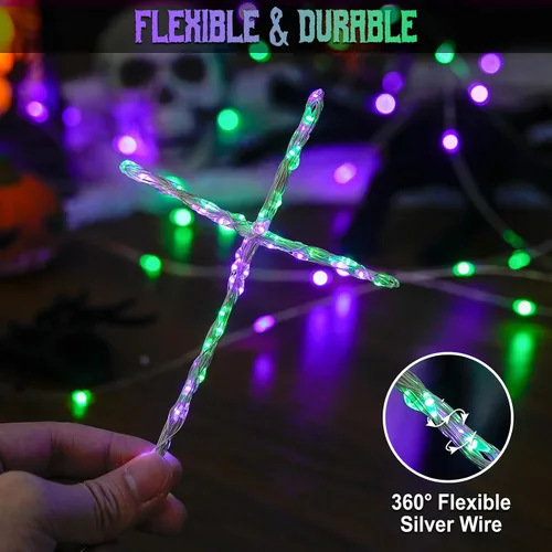 Vista 3 de JMEXSUSS 4 unidades de luces de hadas LED de 50 luces en púrpura y verde, luces de cadena de hadas operadas con batería, luces de 16 pies