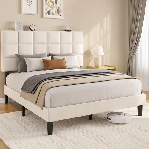 Vista 7 de Fluest Base de cama de plataforma Queen con cabecera alta tapizada de lino, no necesita somier, esponja EVA antirruido, fácil montaje, envío en una