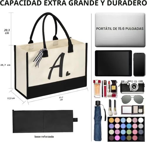 Vista 4 de shenee Initial Canvas Tote Bag, Personalized Beach Bags Gift for Women