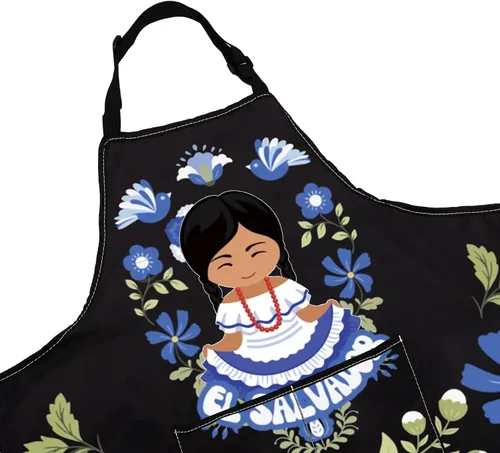 Vista 3 de WCGXKO Delantal de cocina inspirado en El Salvador, regalo de arte floral salvadoreño, mercancía de flores de El Salvador