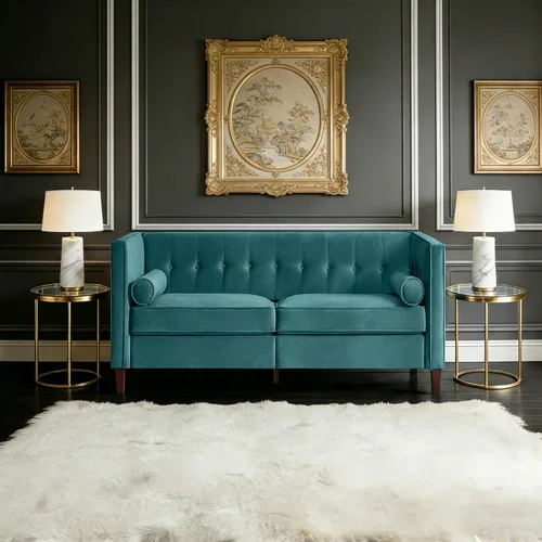 Vista 14 de Sofá de terciopelo de 78 pulgadas, sofá de 3 plazas con almohadas de refuerzo, diseño copetudo con botones Azul
