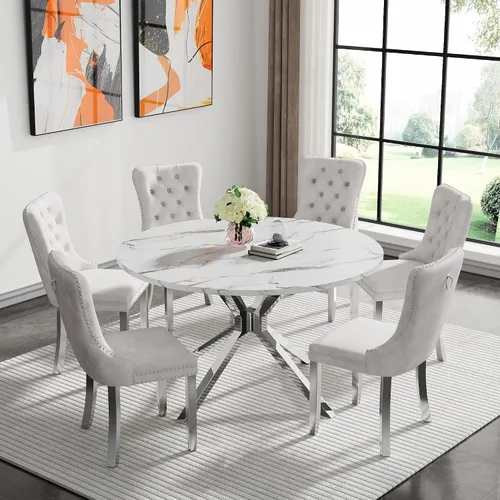 Vista 39 de Juego de 5 mesas de comedor, juego de mesa de cocina y comedor para 4, mesa de cocina rectangular de mármol sintético blanco de 47 pulgadas con base