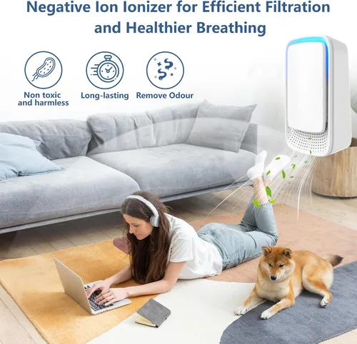 Vista 2 de Mini ionizador de aire enchufable para el hogar, no necesita filtro, silencioso de 30 dB, libera 131.2-328.1 ft de iones/minuto, ultra delgado