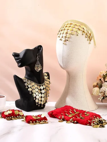 Vista 6 de Disfraz de gitana para mujer, joyería de bailarina del vientre, bufanda de cadera con moneda, tocado gitano, collar y aretes de oro