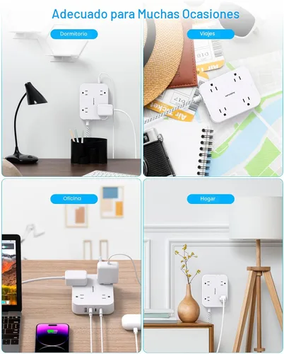 Vista 7 de Cable de Extensión con Enchufe Plano, HANYCONY Regleta de 5 pies con 4 Puertos USB (2 USB C), Extensor de 4 Tomas Amplias, Montaje en Pared