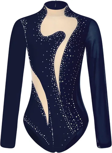 Vista 38 de iiniim Leotardo de malla para mujer, con diamantes de imitación, de malla, de manga larga, leotardos de gimnasia