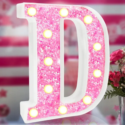 Vista 7 de Letras rosas iluminadas con purpurina, letras del alfabeto rosas, letreros de luces LED en marquesina rosas con batería para iluminación nocturna